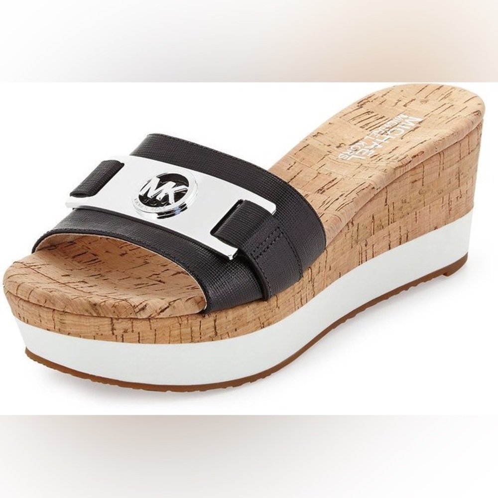 SOLD! MICHEAL Michael Kors Warren Black Platform Wedge Casual Slides Sandals 7 - Picture 1 of 7